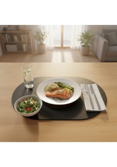 6 Kişilik 12 Parça Siyah Tam Oval Deri Amerikan Servis Supla 33x44 Cm-kolay Silinir Supla Lacivert