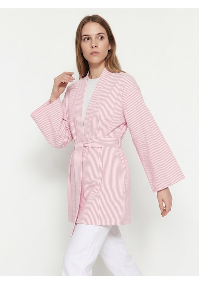 Saade Sââde Kadın Dikey Çizgili Geniş Kollu Şık Yazlık Relaxed Kimono Pembe