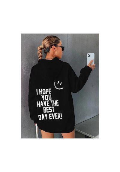 Tarzsokak Siyah Happy Baskılı Oversize Kapüşonlu Sweatshirt