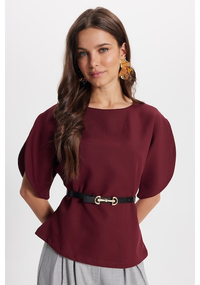 Tudors Kadın Slim Fit Dar Kesim Kol Detaylı İnce Kemerli Fermuarlı Bordo Bluz Gömlek-50761