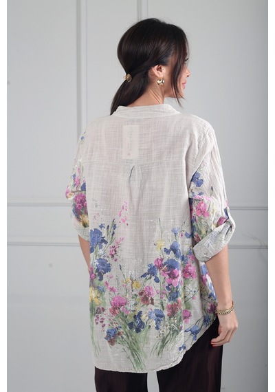 By Saygı Kadın Çiçek Desenli İtalyan Cotton Oversize Gömlek Bej