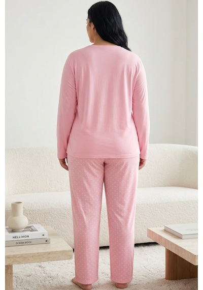 Siyah İnci Pamuklu Likralı Büyük Beden Battal Boy Örme Pijama Takım 26240887 Pembe