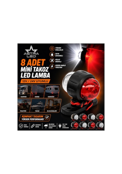 Mini Takoz Köşe Aydınlatma Led Lamba Küçük 12 V-24 V 8 Adet Kırmızı - Beyaz