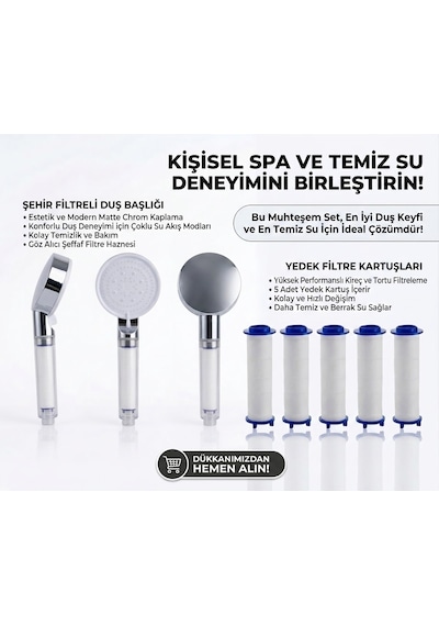 5 Fonksiyonlu Arıtmalı Duş Başlığı Seti - 5 Adet Yedek Filtre Kartuşlu Kireç Ve Tortu Önleyici Spa Duş Seti Beyaz - Gümüş