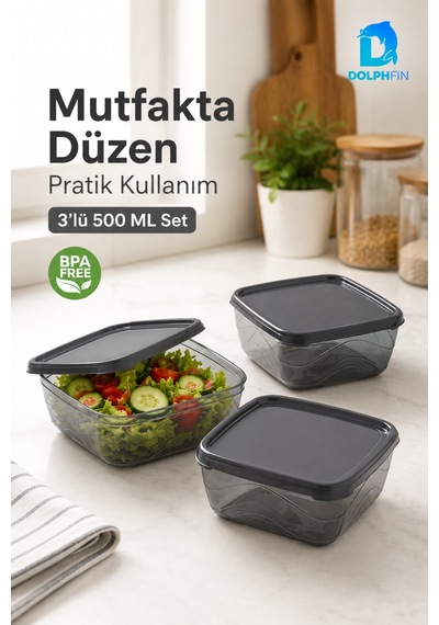 3 Lü Kare Saklama Kabı Seti 3x500 Ml Füme Şeffaf Siyah Kapaklı Bpa İçermez