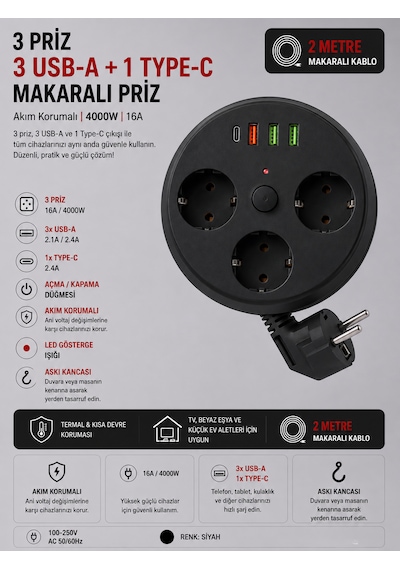 Akım Korumalı Makaralı Priz 3 Priz 3 Usb-a 1 Type-c 2 Metre Kablo 4000w 16a Açma Kapama Düğmeli Siyah 1 - 3 M