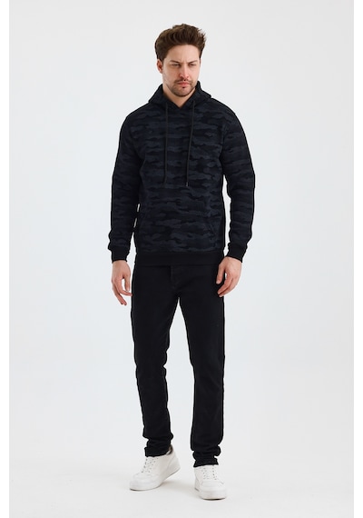 Monox Erkek Kapşonlu Kamuflaj Baskılı 3 İplik Sweatshirt Siyah