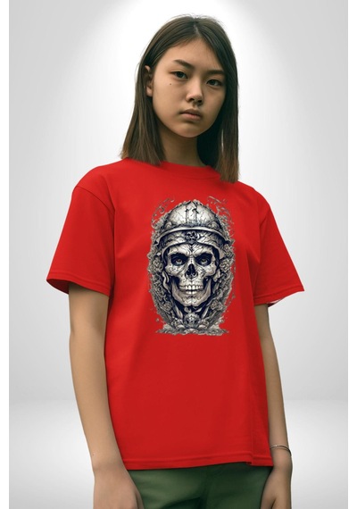 Kask Miğfer İskelet Asker Pamuklu Bisiklet Yaka Unisex Oversize Boyfriend Dijital Baskılı Kırmızı T-shirt Kırmızı