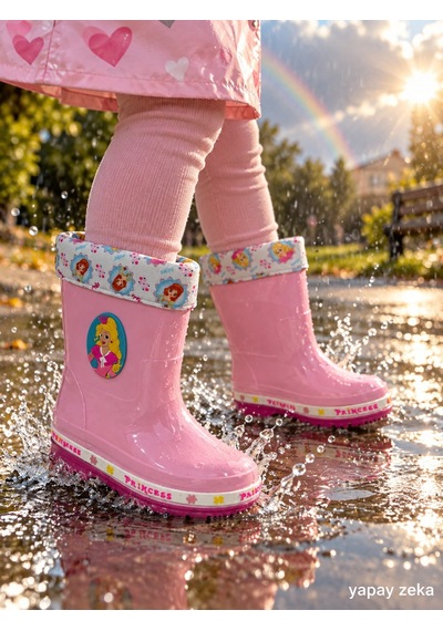 Mini Bonito Kız Çocuk Prenses Desenli İçi Astarlı Kaymaz Tabanlı Kışlık Yağmur Çizmesi Beyaz/pembe