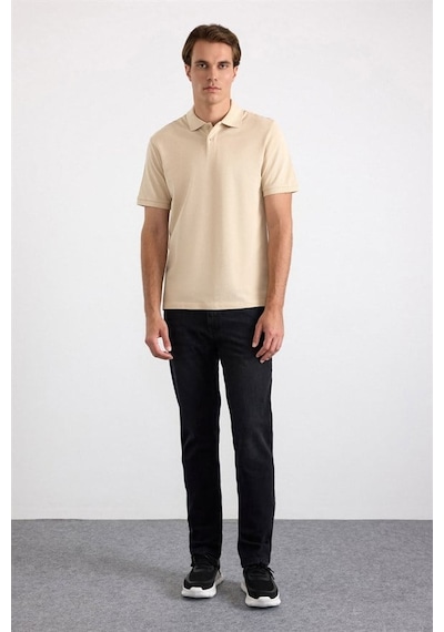 Süvari Bej Regular Düz Nakışlı Pike Düğmeli Polo Yaka Tişört Ts1014000473-bj3