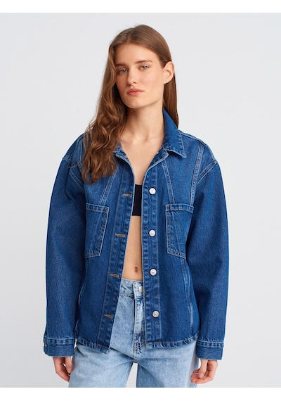 Dilvin 50749 Ön Bölümü Dikişli Oversize Denim Gömlek-mavi Mavi