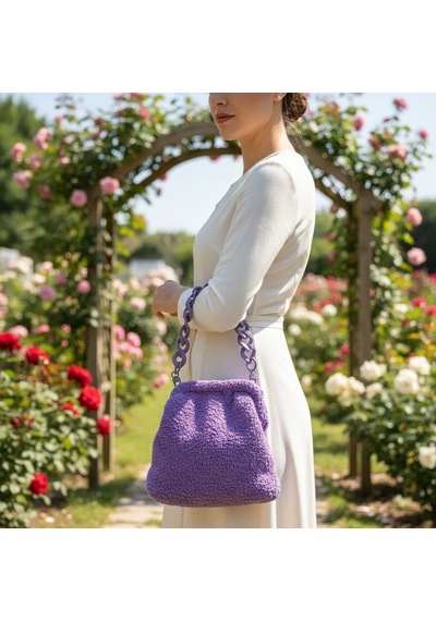 Kumru Studio Lila El Örgüsü Peluş Omuz Çantası Akrilik Zincir Askılı Handmade Tasarım