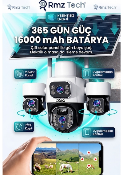 İnox X24 Sim Kartlı, 4 Kameralı , Güneş Enerjili, Solar Panelli Kamera, Aylık 8 Gb 1 Yıllık Sım Kart