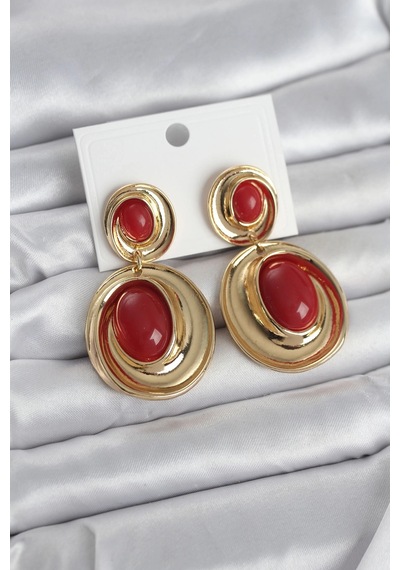 Mey İthalat Kırmızı Sallantılı Damla Model Gold Renk Vintage Kadın Küpe Çok Renkli