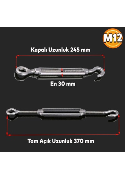 Gerdirme Çelik Kanca Yük Halat Galvenizli Paslanmaz M12