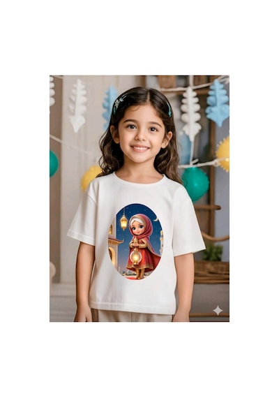 Stil-x Ramazan Bayramı Baskılı Kız Çocuk Tshirt, %100 Pamuklu Kumaş Beyaz-13