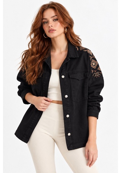 Saade Siyah Etnik İşlemeli Oversize Denim Ceket