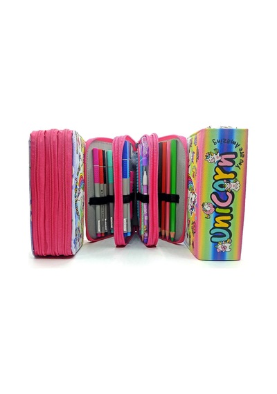 Kalem Kutusu Unicorn Pembe Cool Tarz Kawai Organizer Kalemkutu Üç Bölmeli Kalemlik Beyaz - Çok Renkli