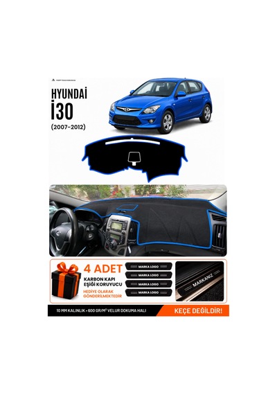 Hyundai İ30 2007-2012 Uyumlu Torpido Koruma, Torpido Örtüsü, Torpido Kılıfı - Siyah Mavi