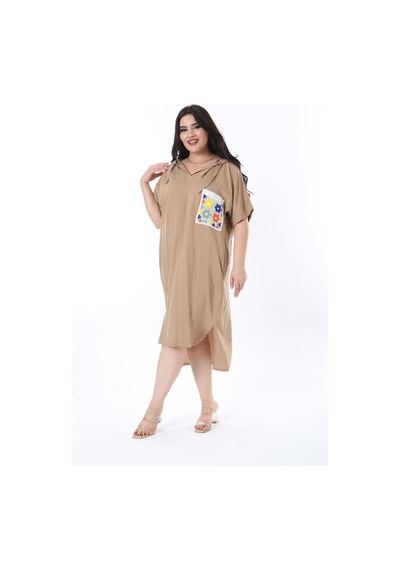 Şans Kadın Büyük Beden Camel Kapşonlu Örgü Cep Detaylı Düşük Kollu Elbise 65n36012-camel Camel