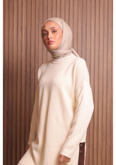 Balenbi Kadın Oversize Düz Dokuma Yırtmaçlı Tesettür Triko Takım 1136 Krem