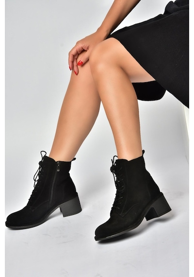 Fox Shoes Z555670602 Siyah Hakiki Deri Süet Kalın Topuklu Kadın Bot