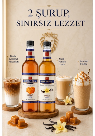 Simonelli Karamel + Vanilya Aromalı Gurme Şurup Paketi + Pompa Kahve ve Kokteyl Şurubu Seti 2 x 700 ML