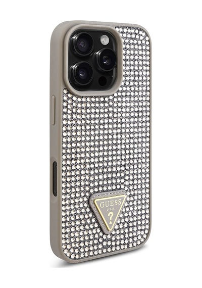 Apple Uyumlu iPhone 16 Pro Max Kılıf Guess Lisanslı Üçgen Logolu Taşlı Kapak Gümüş