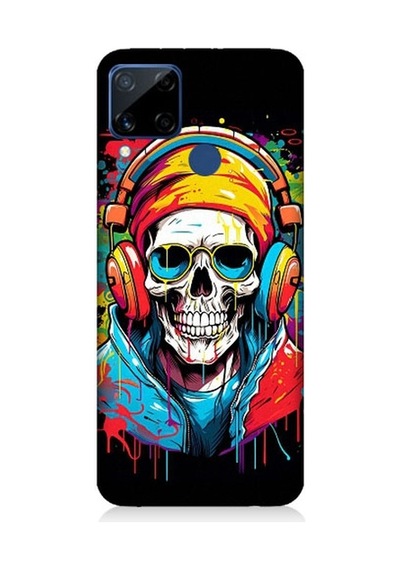 Realme C15 Uyumlu Müzik Dinleyen Kurukafa Desenli Silikon Kılıf