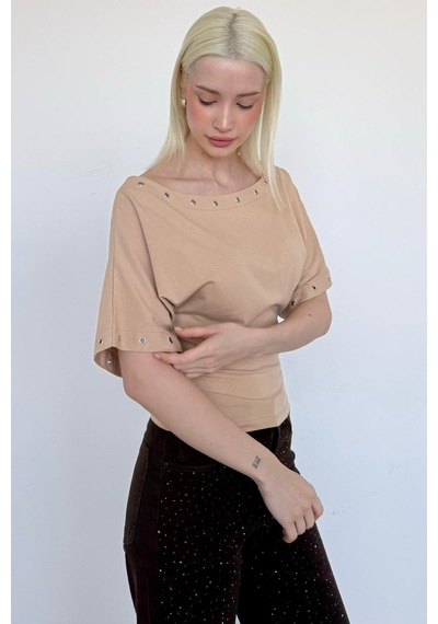 Madmext Taş Rengi Off Shoulder Metal Detaylı Kadın Bluz Mg2671 Taş Rengi