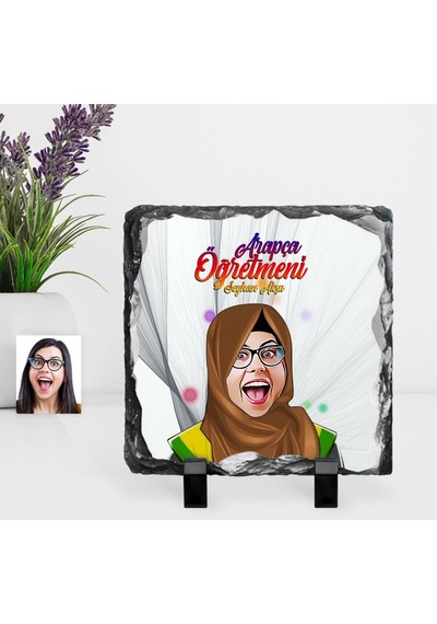 Kişiye Özel Tesettürlü Bayan Öğretmen Karikatürlü Dekoratif Doğal Taş - 3