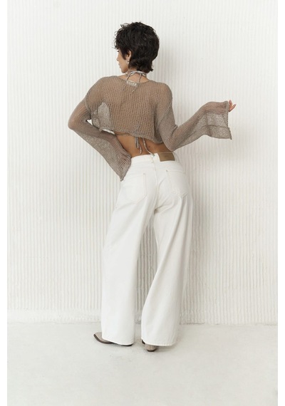 Mai Collection Mai Studios Co. Nolan Keten Karışımlı Geniş Paça Ekru Pantolon Ekru