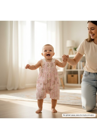 Ürünya Kız Bebek Çiçek Desenli Askılı Sıfır Kollu Kısa Tulum Pembe