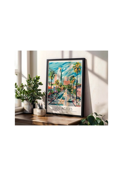Los Angeles California Travel Poster Ahşap Çerçeveli Dekoratif Duvar Tablosu Siyah