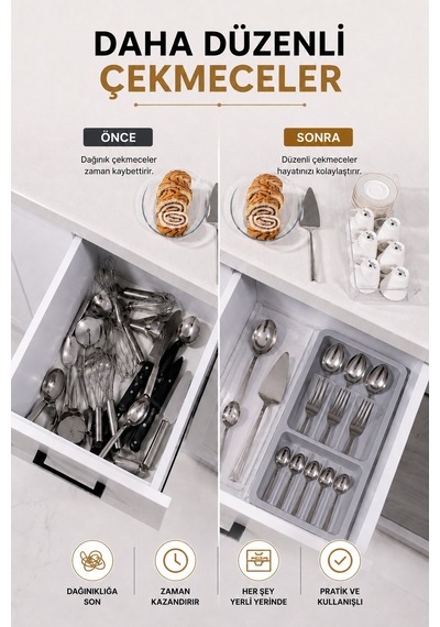 Çekmece İçi Kaşıklık Organizer Bölmeli Mutfak Düzenleyici Gri S-11030 Beyaz