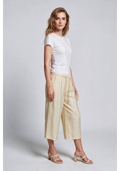 Ayhan Kadın Keten Karışımlı Geniş Paça Beli Bağcıklı Crop Pantolon 26ykrb71537 Sarı