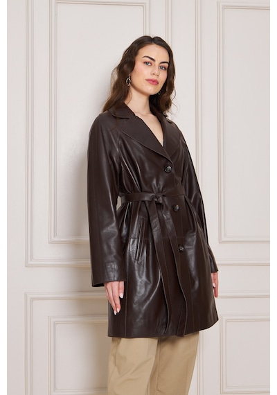 M M Marki Marki Kadın Hakiki Deri Trençkot Kahverengi, V Yaka, Kuşaklı, Düğme Kapamalı, Oversize, 90 Cm - 117122