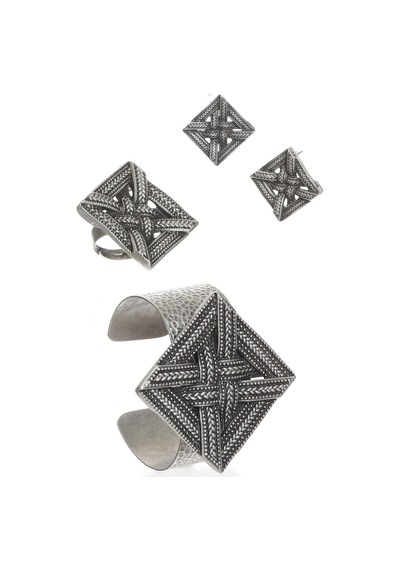 Kadın Antik Gümüş Kaplama Örgü Dokulu Geometrik Tasarım Küpe &yüzük &bilekik Set Gümüş