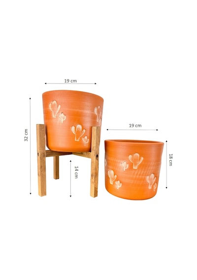 Bitki Tasarımı Ev Dekorasyon Aksesuar Kaktüs Desenli Toprak Saksı Saksılık Salon Çiçeklik İkili Set Ayaksız - 4 Ayaklı- 19 Cm