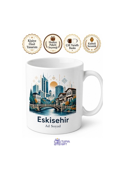 Eskişehir Modern Şehir Baskılı Kupa Bardak Özel Tasarım Hediye Beyaz / Çok Renkli