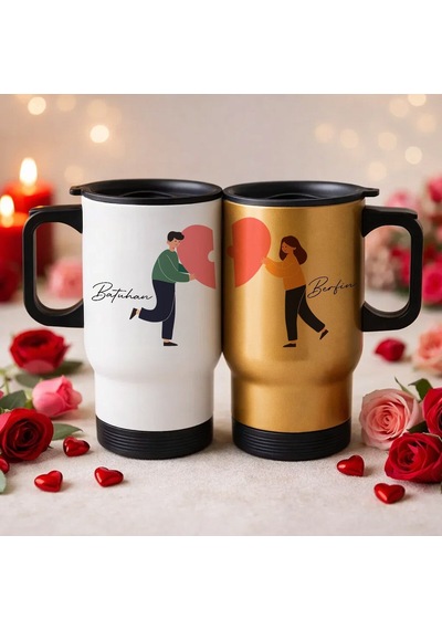 Bk Gift Kişiye Özel Sevgili Çift Tasarımlı 2li Kulplu Beyaz&gold Çelik Termos Mug 450 Ml -18, Sevgiliye Hediye, Sevgililer Günü Hediyesi Kobitmeyencom