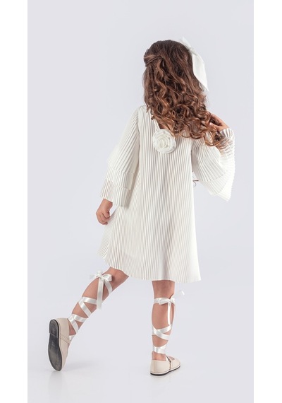 Kız Çocuk Krep Plise Elbise Mnk0595 Beyaz