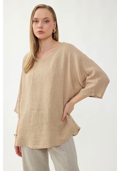 Vitrin %100 Keten Geniş Yaka Oversize Kısa Kol Bluz Bej