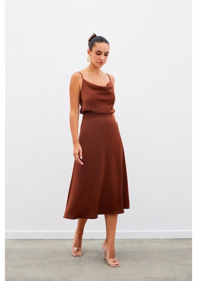 Sateen Midi Boy Saten Etek - Kahve-134960 Kahve
