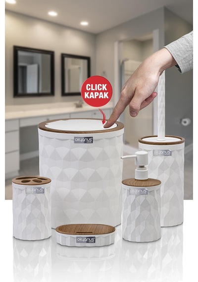 Okyanus Home Diamond Beyaz Ahşap Click Kapak 5'li Banyo Seti Beyaz