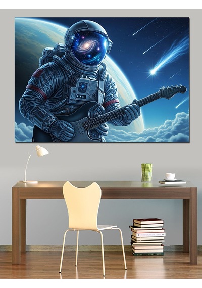 Ahşap Tablo Gitar Çalan Uzayda Bir Astronot Hayvan Tabloları