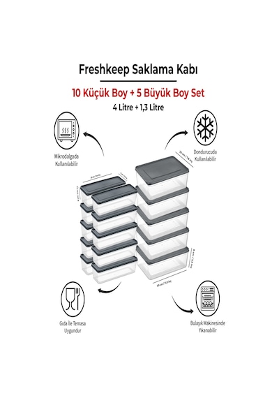 15 Adet Saklama Kabı 5 Büyük-10 Orta Boy 4 Litre + 1,3 Litre Derin Dondurucu Mikrodalga Uyumlu Gri