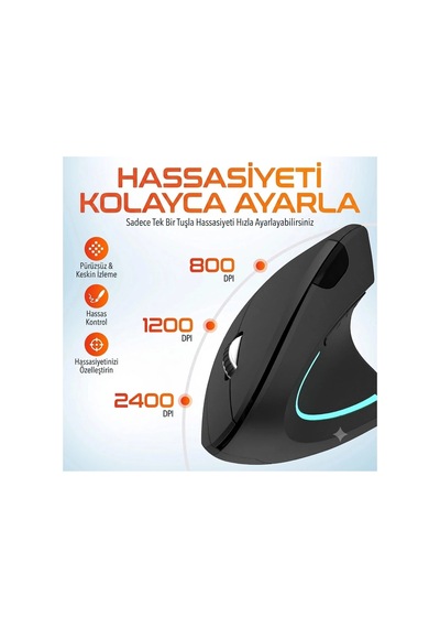 2.4g Dikey Ergonomik Kablosuz Optik Mouse - 800/1200/1600 Dpı - Siyah