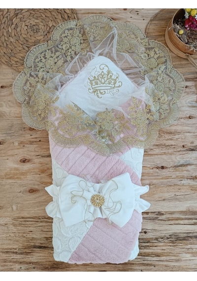 Pamuklu & Kışlık Unisex Bebek Kundağı - Gold Dantelli Bebek Battaniyesi & Hastane Çıkışı Pembe