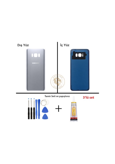 Samsung Galaxy S8 Plus Gümüş Renk Arka Kapak + Tamir Seti + B7000 Yapıştırıcı Arka Cam Batarya Kapağı Pil Kapağı Lazer Kesim Back Cover Galaxy S8 Plus Uyumlu
